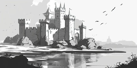 Obraz premium Distant Castle with Dramatic Sky in Black and White