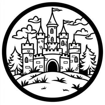 recommend clip art: Black and White Illustration of a Castle in a Circle