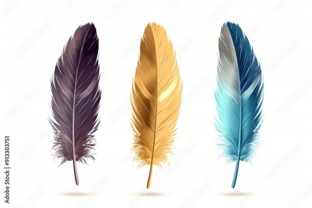 Poster close-up of three differently colored feathers on a white surface