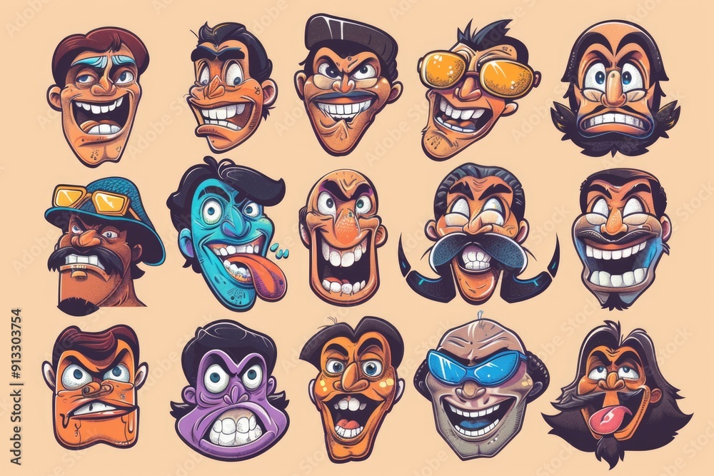 Poster a collection of cartoon faces showing various emotions and expressions