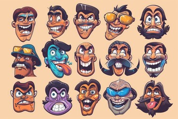 A collection of cartoon faces showing various emotions and expressions
