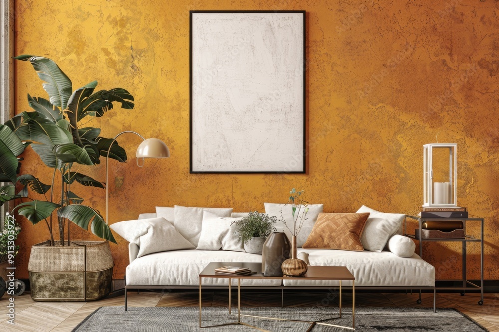 Wall mural Cozy living room scene with white couch and a potted plant