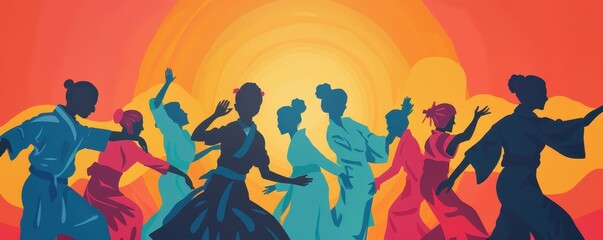 Obraz premium Vibrant silhouettes of dancers against a colorful sunset, capturing the essence of celebration and cultural expression.