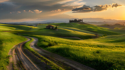 Obraz premium A road winds through a lush green field with a house in the distance