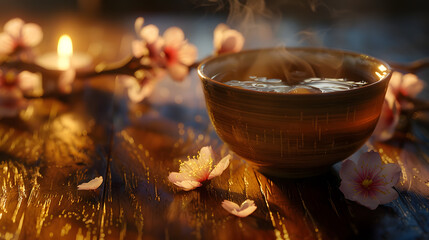 Fototapeta premium A bowl of tea is on a wooden table with a lit candle and a bunch of pink flowers