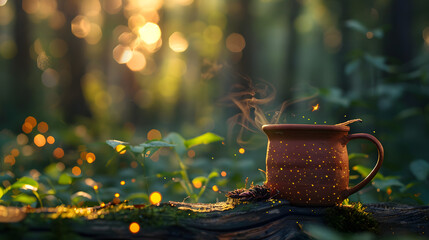 A mug of coffee is sitting on a log in the woods
