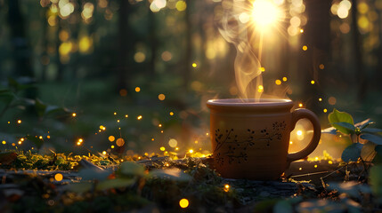 A mug of coffee is sitting on a log in the woods