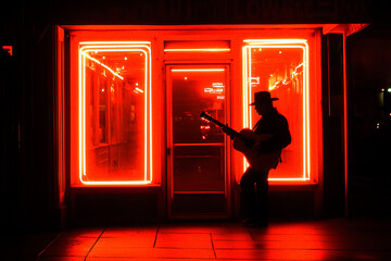 Memphis Street Musician Under Neon Lights
