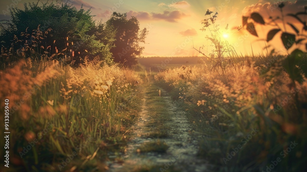 Aufkleber a serene landscape with the sun setting behind a field of tall grass, ideal for use in environmental