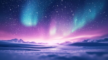 Obraz premium Soft gradient background of snowflakes falling gently against a backdrop of the Northern Lights, creating a serene winter scene