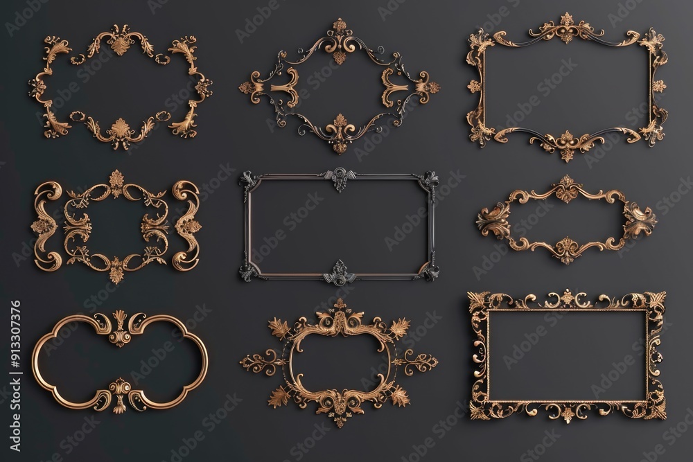 Poster ornate gold frames arranged on a black background, perfect for highlighting and emphasizing importan