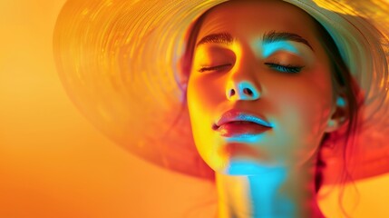 a woman wearing a hat with her eyes closed