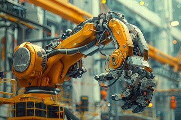 Fototapeta premium A robotic construction worker is actively engaged in building tasks within a contemporary industrial facility. Generative AI
