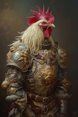 Chicken in combat armor, ready for fantasy adventure. 🐔⚔️✨ Unique and whimsical sight, perfect for fans of imaginative and creative worlds!