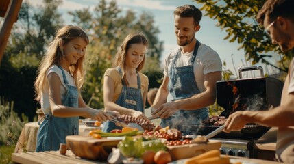 Group of friends enjoying outdoor barbecue on sunny day. Four young adults preparing food at backyard grill party. Lifestyle photography showing joy of social gatherings and alfresco dining. AI