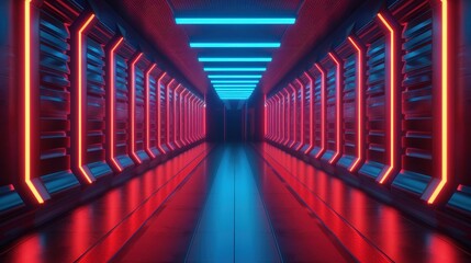 A futuristic data center hallway illuminated with vibrant blue and red neon lights, showcasing modern technology and design.