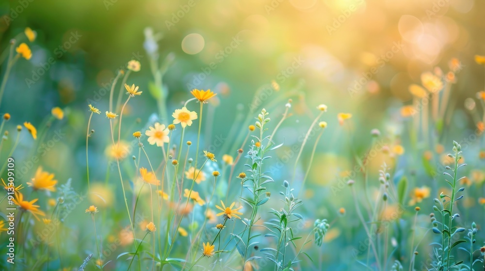 Poster a bright and cheerful scene with a yellow field of flowers and the sun shining in the background