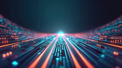A futuristic digital landscape with glowing lines and vibrant colors, representing data flow and technology advancement.