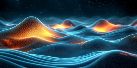 Abstract glowing dots and lines creating a digital landscape on a dark backdrop, embodying the concept of data flow