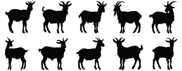 Goat silhouettes set, animal pack of vector silhouette design, isolated background