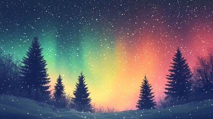 Naklejka premium Snow-covered pine trees silhouetted against the vibrant colors of the Northern Lights, creating a stunning winter background