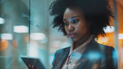 Woman in a business suit examining her smartphone