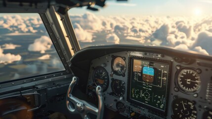 A view of an airplane cockpit with clouds in the background, great for travel and adventure themes