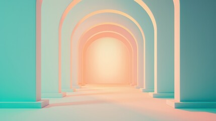 Fototapeta premium A serene corridor with soft pastel arches, creating a calming atmosphere with warm light illuminating the pathway.