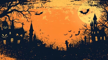 a spooky halloween scene with a full moon and bats in the sky