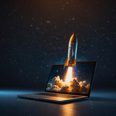 Rocket launched into space on a laptop screen. Technology and Speed Concept.