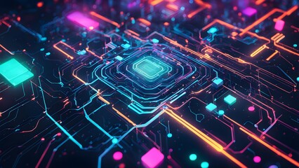 A colorful computer chip with a green square in the middle