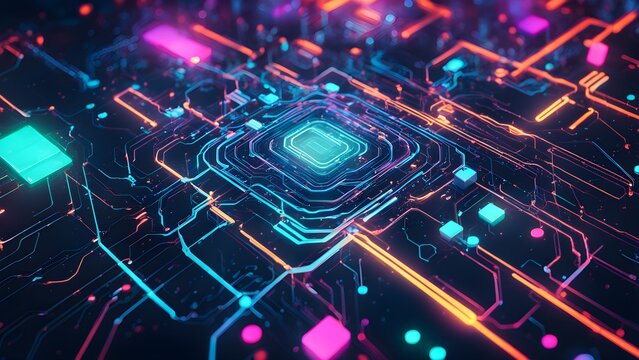 A colorful computer chip with a green square in the middle