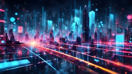 A cityscape with a bright neon glow