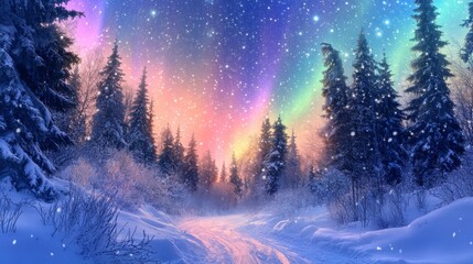 Fototapeta premium A snow-covered path through a forest, with the Northern Lights creating a colorful sky above