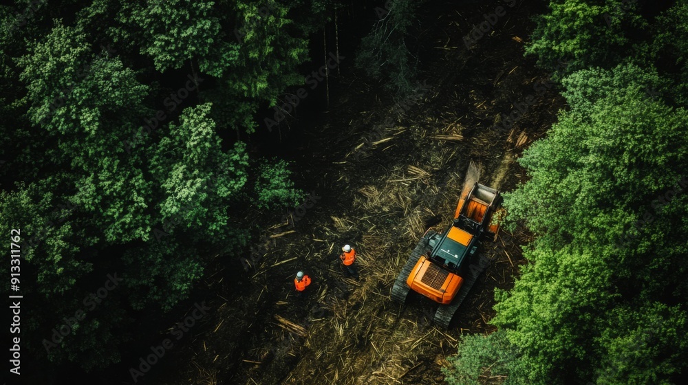 Poster workers in safety gear oversee a logging operation as machinery clears trees in a dense forest area.