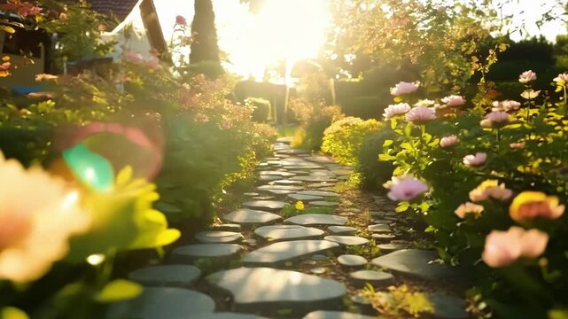 A charming garden path leads through the sunlit garden inviting viewers to explore the bursts of color and life within. Light leaks bokeh