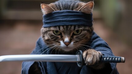 Tabby Cat Dressed as a Ninja with Katana Sword, Isolated on White Background, Perfect for Creative and Humorous Themes in Advertising and Design