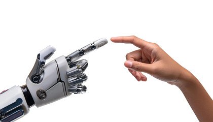 AI and Machine Learning: Robot and Human Hands Touching on Big Data Network Background
