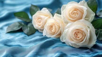 Naklejka premium Elegant White Roses on a Blue Silk Background, Perfect for Celebration Themes. Capturing the Essence of Sophistication and Festivity in a Stunning Visual Display