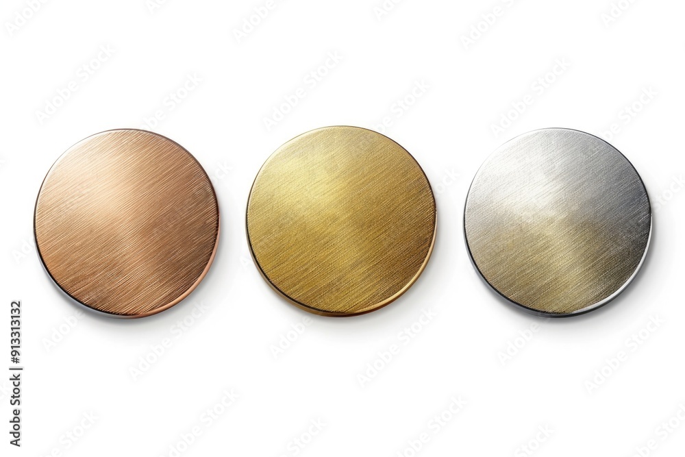 Poster three different colored metal buttons on a white surface