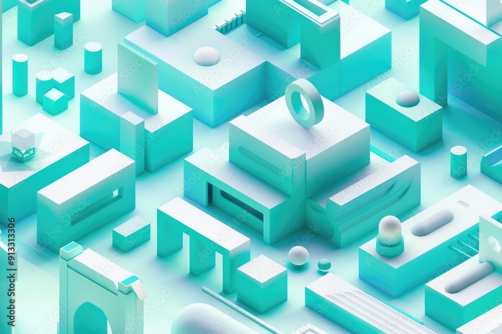 Poster a 3d visualization of a city with blue and white tones, suitable for architectural or futuristic con