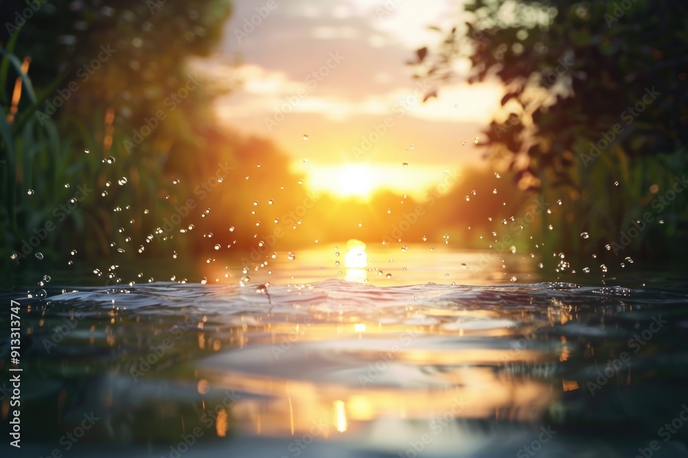 Poster a serene scene with the sun setting behind a body of water, perfect for use in travel or nature-rela