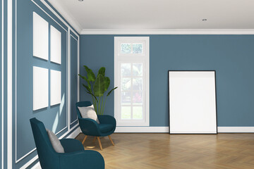 3d render of illustration interior design wall mock up, classic modern style. Wood parquet floor, blue wall finish and white ceiling. Set 65