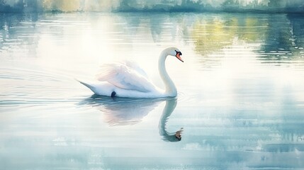Fototapeta premium A watercolor painting of a beautiful swan gliding across a tranquil lake, with reflections on the water