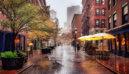 Fototapeta premium A cozy cafe in Boston on a rainy Sunday morning. The serene atmosphere is enhanced by a gentle mist, creating a refreshing and peaceful ambiance perfect for a relaxing start to the day.