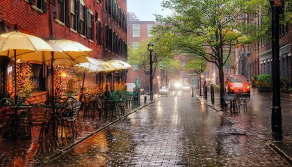 Fototapeta premium A cozy cafe in Boston on a rainy Sunday morning. The serene atmosphere is enhanced by a gentle mist, creating a refreshing and peaceful ambiance perfect for a relaxing start to the day.