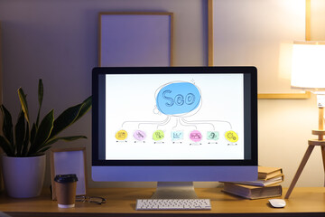 Computer screen with abbreviation SEO in dark office
