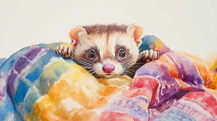 A watercolor portrait of a playful ferret peeking out from a pile of colorful blankets, with a playful expression