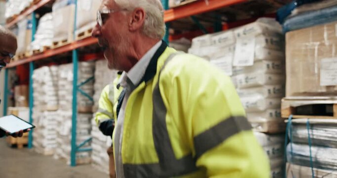 Happy man, dance and warehouse with team for logistics, fun humor or comedy together at workplace. Mature male person, contractor or group of employees enjoying music or funny moment in supply chain
