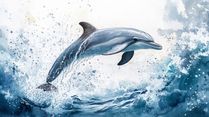 Fototapeta premium A watercolor illustration of a graceful dolphin leaping out of the ocean, with waves and splashes around